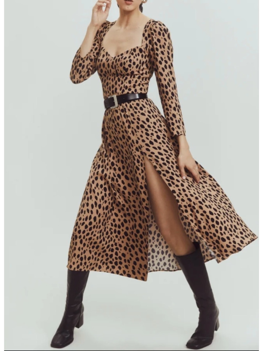 Reformation Mara Midi Dress Long Sleeve Leopard Animal Print Tan Black Size 4